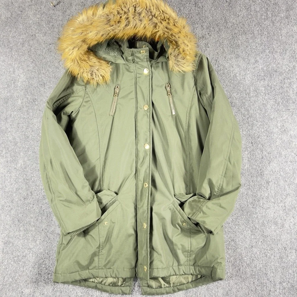 Justice Girls Parka Jacket Size 18 20 Olive Green Faux Fur Hood Winter Coat